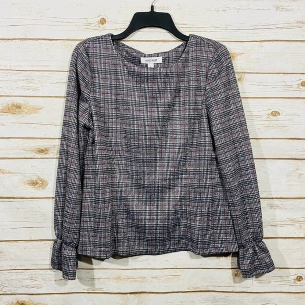 Nine West women's round neck long sleeve gray white check dress size M - Picture 1 of 7